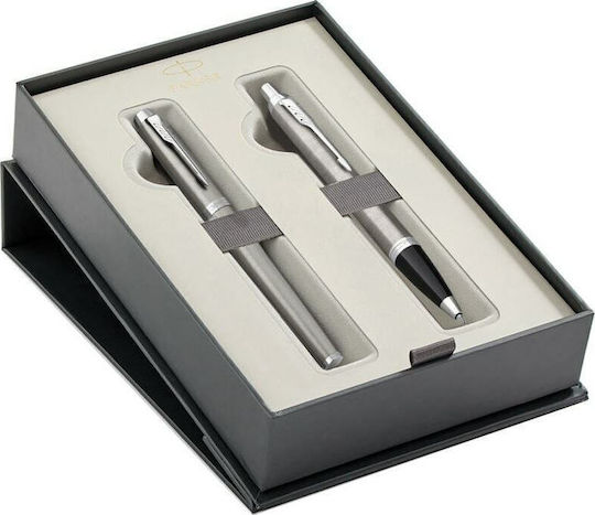 Parker I.M Σετ Στυλό Rollerball Medium με Πένα Medium από Ατσάλι Ασημί σε Θήκη (σε Χάρτινη Κασετίνα)