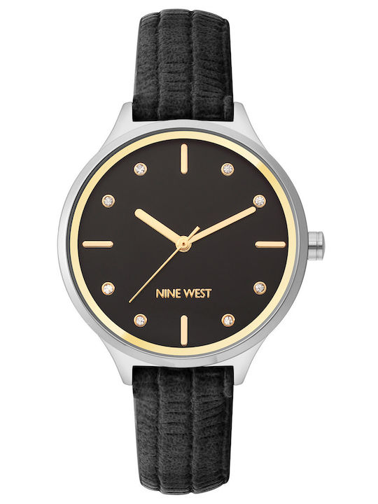Nine West Γυναικείο Ρολόι 32mm Μπαταρίας με Μαύρο Δερμάτινο Λουράκι