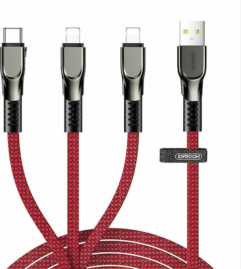 Joyroom S-1335K4 Braided Cablu USB la Lightning / Type-C cu mai multe porturi 3.5A Roșu 1.3m