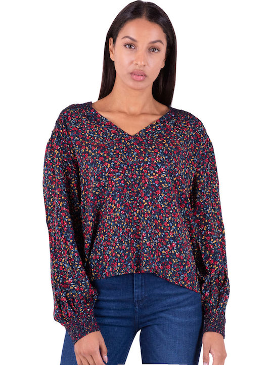 Pepe Jeans Daniela Women's Blouse Long Sleeve with V Neckline Floral Navy Blue