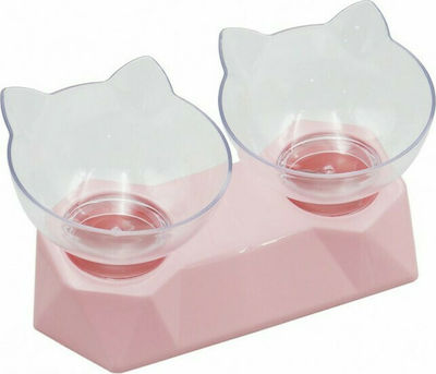 Plastic Cat Bowl for Food & Water Pink with Stand 2 Seats 500ml