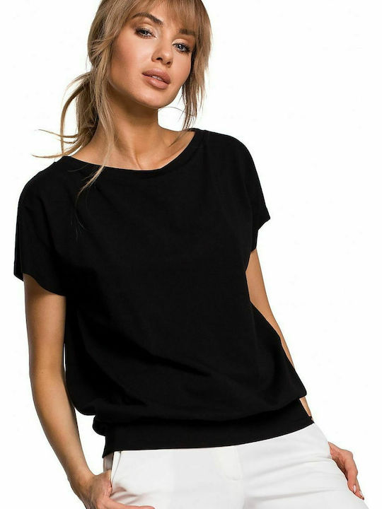 MOE M498 Women's Summer Blouse Cotton Short Sleeve Black MOE498