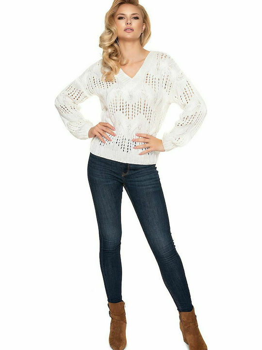 PeeKaBoo 30076 Women's Long Sleeve Sweater with V Neckline Cream 156918