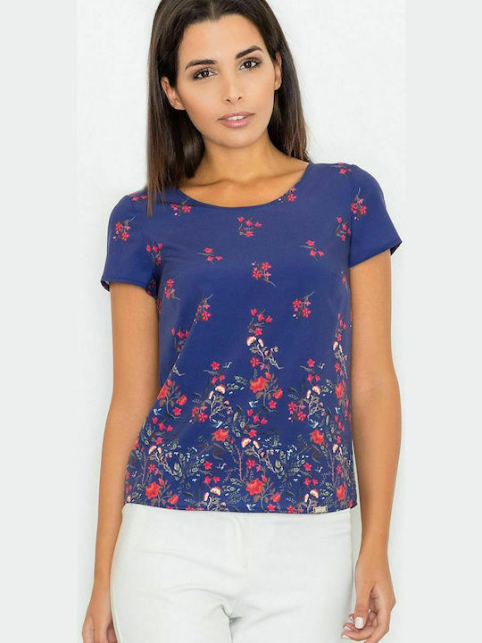 Figl M540 Women's Summer Blouse Short Sleeve Floral Blue 77044