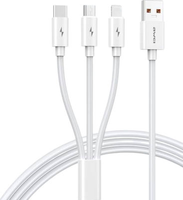 Awei CL-120 Regular USB to Lightning / Type-C / micro USB Cable Λευκό 1.2m