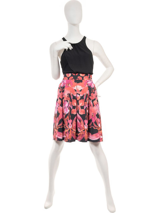 Hoch tailliert Midi Rock Blumen Schwarz
