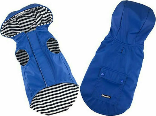 Pet Interest Stripe Lining Waterproof Dog Coat with Hood Blue Large 37cm