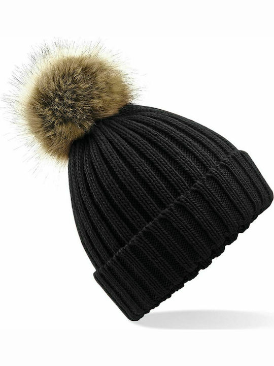 Beechfield B412 Pom Pom Beanie Frauen Beanie mit Rippstrick in Schwarz Farbe