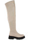 Leather Over the Knee Medium Heel Women's Boots with Rubber / Zipper Beige