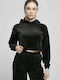 Cropped Women's Velvet Sweatshirt with Hood Black