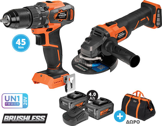 Krausmann US107-24SB Set Eckiges Rad & Bohrer Brushless 20V mit 2 Batterien 4Ah und Hülle