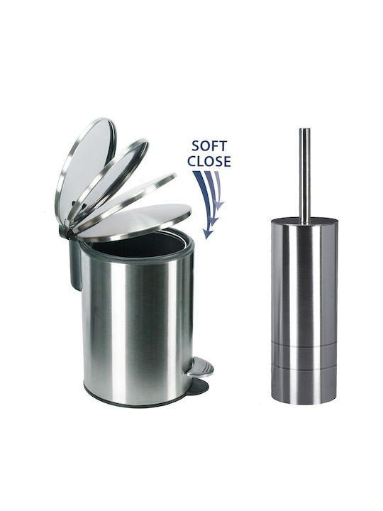 Kleine Wolke Gloria Silver Metallic Toilet Brush and Bin Set with Soft Close Lid 3lt Silver