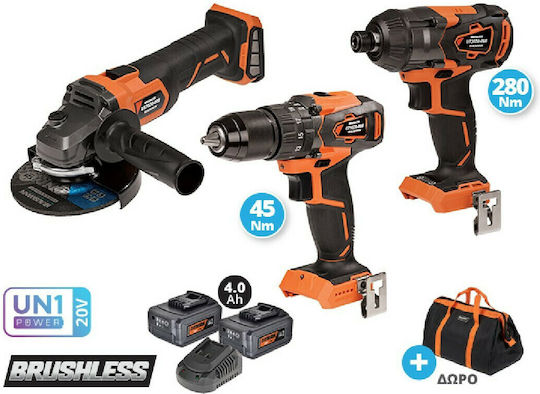 Krausmann US115-24SB Set Eckiges Rad & Bohrer & Schlagschraubendreher Brushless 20V mit 2 Batterien 4Ah und Hülle