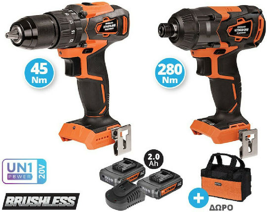 Krausmann US100-22SB Set Bohrer & Schlagschraubendreher Brushless 20V mit 2 Batterien 2Ah und Hülle