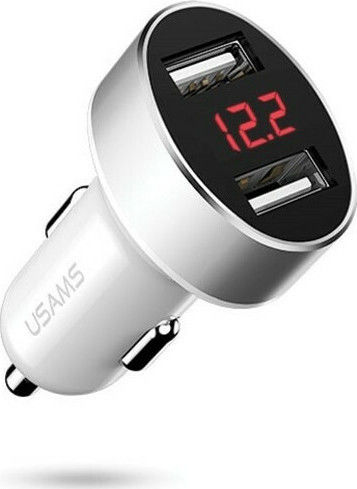 Usams CC045 Car Charger 2.1A with Ports: 2xUSB and Voltmeter White Color