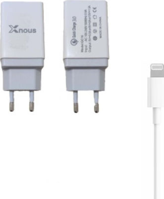 Φορτιστής με Θύρα USB-A και Καλώδιο Lightning 18W Quick Charge 2.0 / Quick Charge 3.0 Λευκός (Xnous US11)