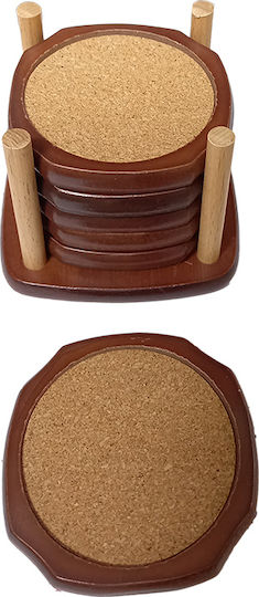 Karvounis Round Wooden Brown Coasters with Stand 9cm 6pcs