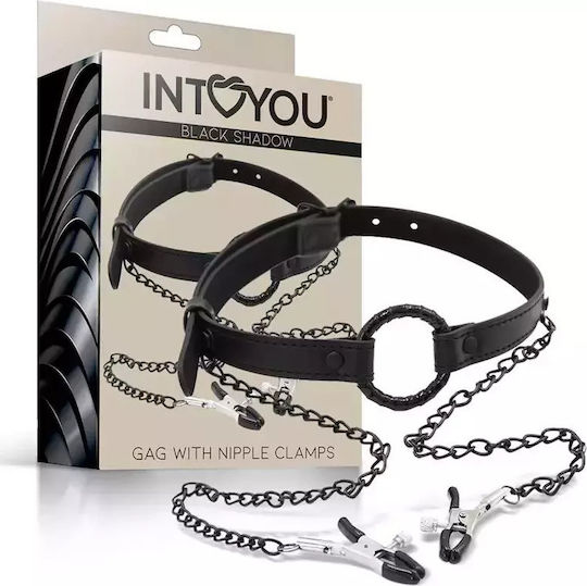 IntoYou Black Shadow Gag with Nipple Clamps Φίμωτρο Vegan Leather σε Μαύρο Χρώμα
