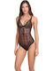Lingerie Spaghetti Strap String Bodysuit with Mesh & Lace Black