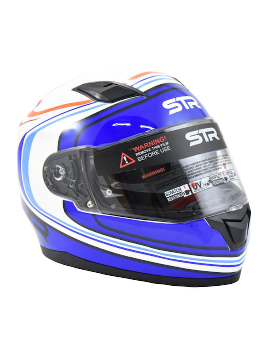 STR R1 Icon Бял/Син Каска За Мотор Full Face ECE 22.05 с Слънчев Визьор