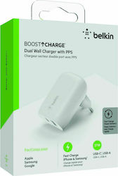 Belkin Φορτιστής Χωρίς Καλώδιο με Θύρα USB-A και Θύρα USB-C 37W Power Delivery Λευκός (WCB007vfWH)