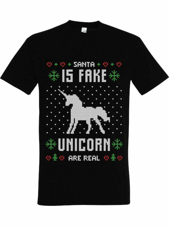 T-shirt Unisex " Ugly Christmas T-shirt, Santa is Fake Unicorn Are Real " Black