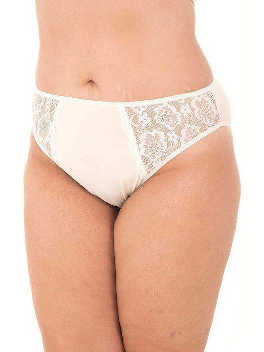 Cotton high-waisted panties with lace on the side - Ecru