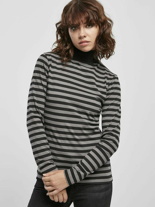 Women's Blouse Cotton Long Sleeve Turtleneck Striped Asphalt/Black