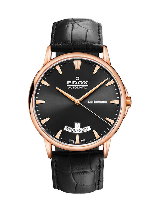 Edox Les Bemonts Ρολόι Αυτόματο με Δερμάτινο Λουράκι σε Μαύρο χρώμα