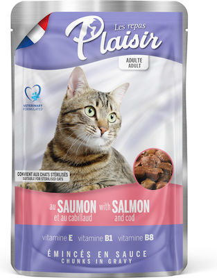 Plaisir Adult Wet Food for Sterilised Adult Cats In Pouch with Cod / Salmon σε Σάλτσα 1pc 100gr