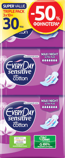 Every Day Sensitive With Cotton Maxi Night Sanitary Pads with Wings Ultra Plus Triple Pack for Heavy Flow 7 Drops Double Pack 2x15pcs