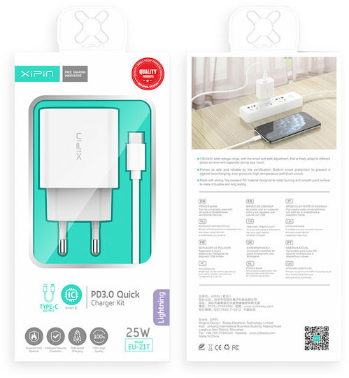 Xipin Φορτιστής με Θύρα USB-C και Καλώδιο USB-C 25W Quick Charge 3.0 Λευκός (EU-21-TC)