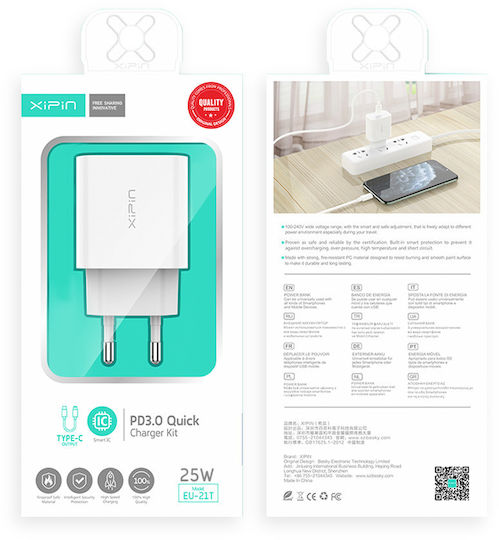Xipin Φορτιστής Χωρίς Καλώδιο με Θύρα USB-C 25W Quick Charge 3.0 Λευκός (EU-21)