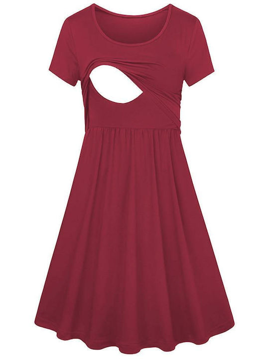 Women's short-sleeved nursing dress (burgundy) (polyester)