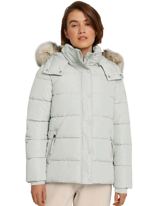 Tom Tailor Women's Short Puffer Jacket for Winter with Detachable Hood Greyish Green