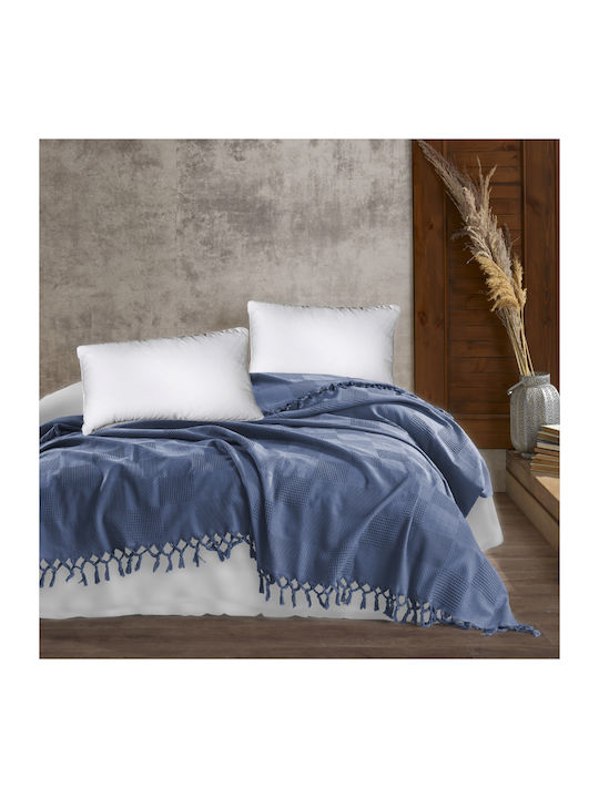 Dimcol Jacquard Blanket Pique Queen with Fringes 220x240cm. Classic Blue