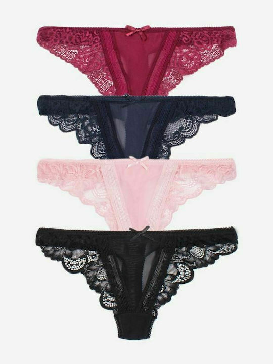 CottonHill Γυναικεία String MultiPack με Δαντέλα Black/Pink/Navy