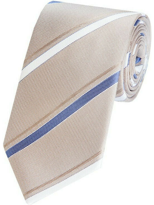 EPIC 0324 - Μπεζ καφέ ολομέταξη υφαντή γραβάτα με αραιές ρίγες