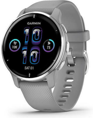 Garmin Venu 2 Plus Stainless Steel 43mm Waterproof Smartwatch with Heart Rate Monitor (Silver Stainless Steel Bezel With Powder Grey Case And Silicone Band)
