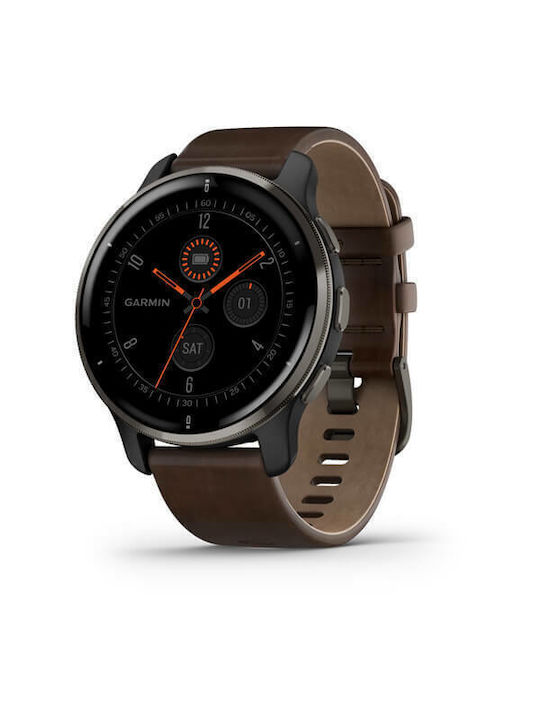 Garmin Venu 2 Case Bezel Stainless 43mm Plus με Band) Brown Smartwatch Steel Slate Leather Αδιάβροχο Παλμογράφο With Steel Stainless And (Slate