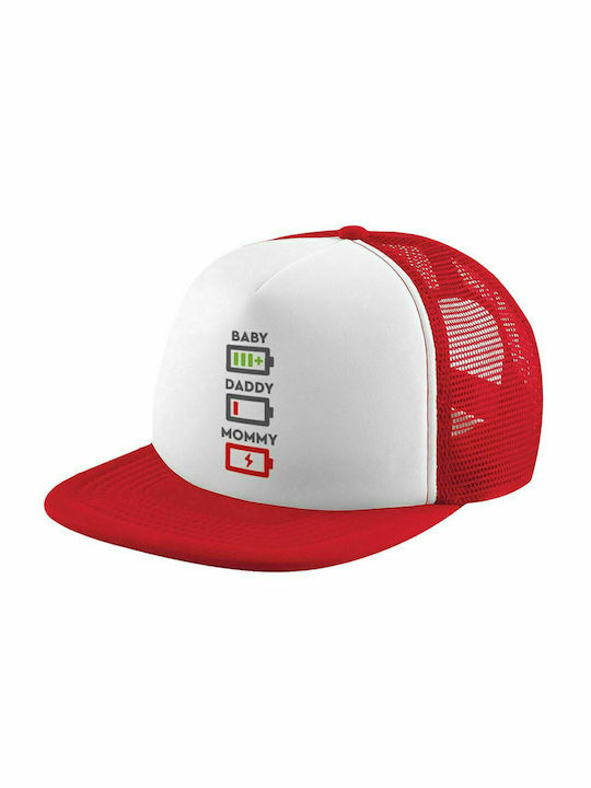 BABY, MOMMY, DADDY Low battery, Καπέλο Ενηλίκων Soft Trucker με Δίχτυ Red/White (POLYESTER, ΕΝΗΛΙΚΩΝ, UNISEX, ONE SIZE)