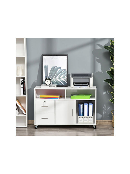 Cabinet de Birou cu Roți & Sertare Alb 100x35x65cm