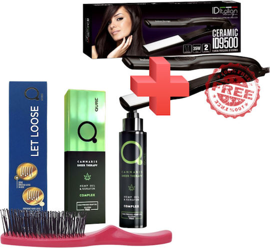 Qure Mini Hair Straightener with Ceramic Plates Let Loose The World's Brush & Cannabis Sheer Therapy Hemp Oil Keratin Complex 100ml