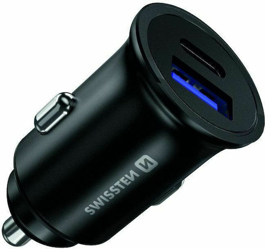 Swissten Φορτιστής Αυτοκινήτου 30W 3A με Θύρες: 1xUSB 1xType-C Μαύρος
