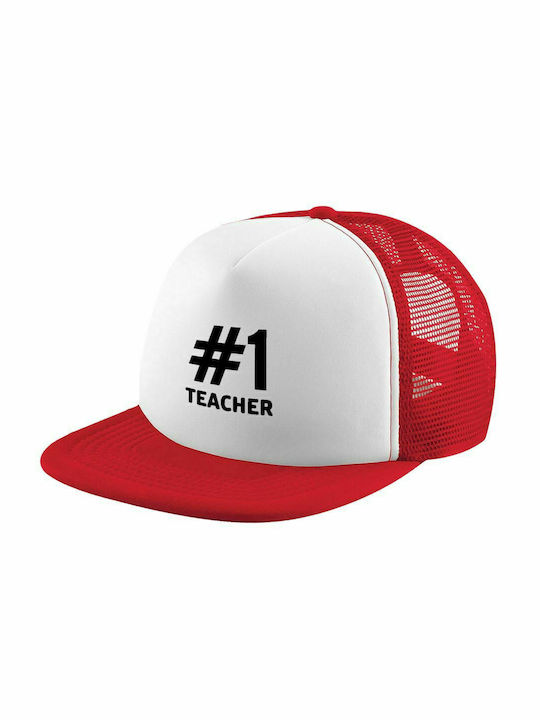 #1 teacher, Adult Soft Trucker Hat with Mesh Red/White (POLYESTER, ADULT, UNISEX, ONE SIZE)