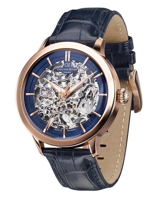 Carl Von Zeyten Ceas Barbati 45mm Automat cu Curea din piele Albastră