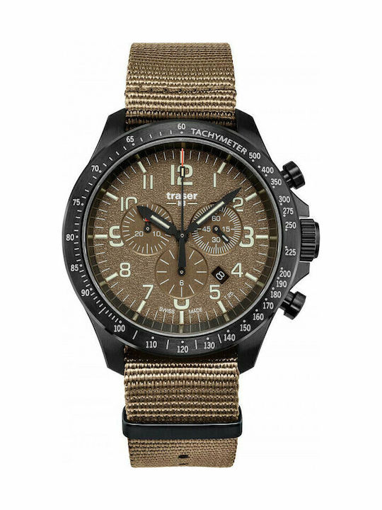 Traser P67 Officer Men's Watch 46mm Chronograph Battery with Brown Fabric Strap