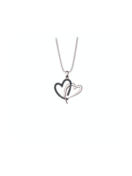 Double heart necklace silver 925 with black crystals sw4