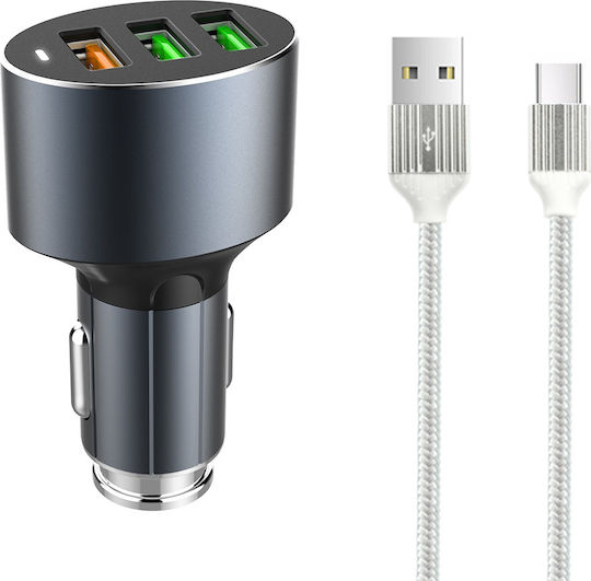 Ldnio C703Q Автомобилно Зарядно Устройство 3A Бързо Зареждане с Портове 3xUSB-A с Type-C Кабел Сив Цвят