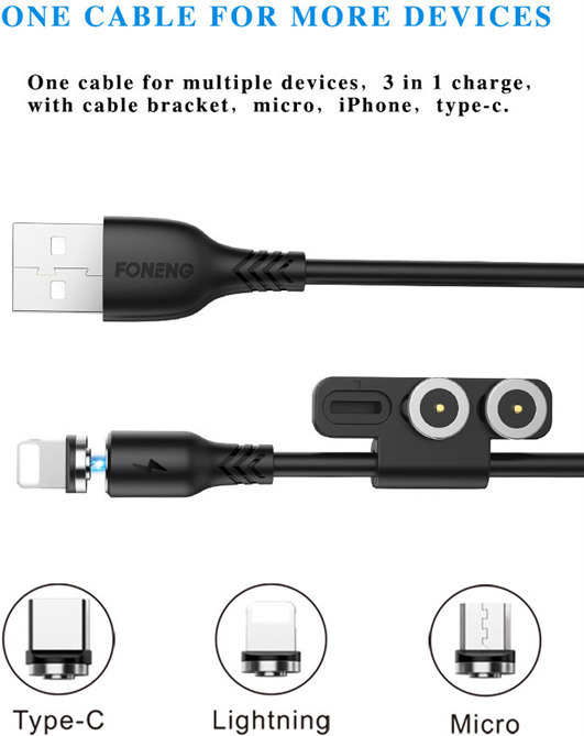 Foneng X62 Magnetic 3in1 USB to USB-C / Lightning / Micro USB Cable, 2.4A, 1m (Black)